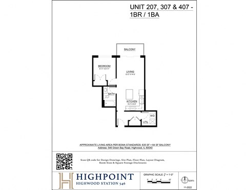 A floor plan for a Highpoint Highwood Station 54.6 apartment layout.